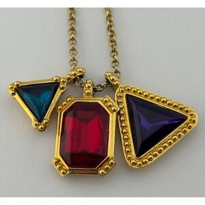 Vintage Trifari TM Red Blue Purple Acrylic Gold Tone Geometric Necklace